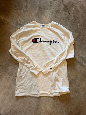 Champion White Long Sleeve Script Logo Tee with Navy & Red Accent